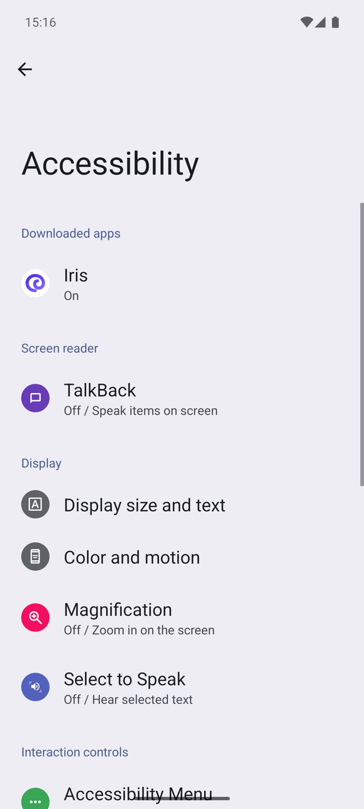 Android Settings › Accessibility, with Iris (On) under Downloaded apps