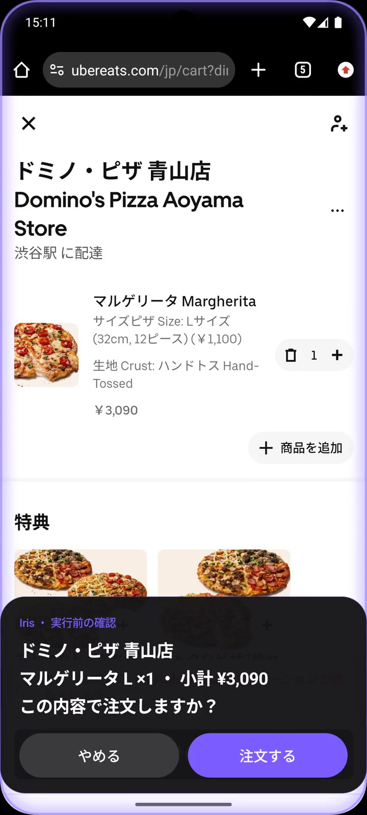 カートの上に出た確認カード「この内容で注文しますか？」