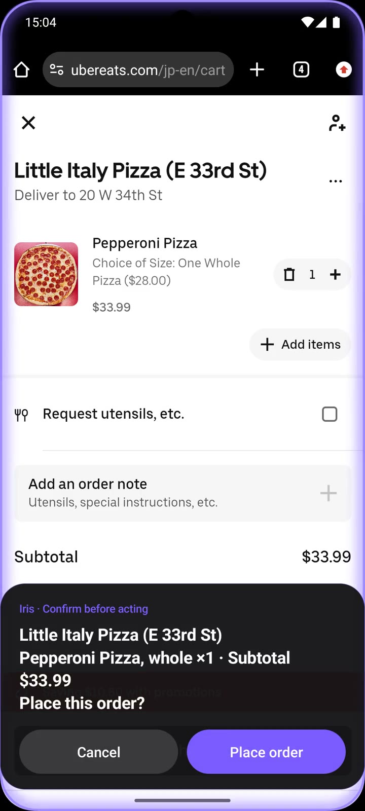 The confirmation card “Place this order?” over the cart