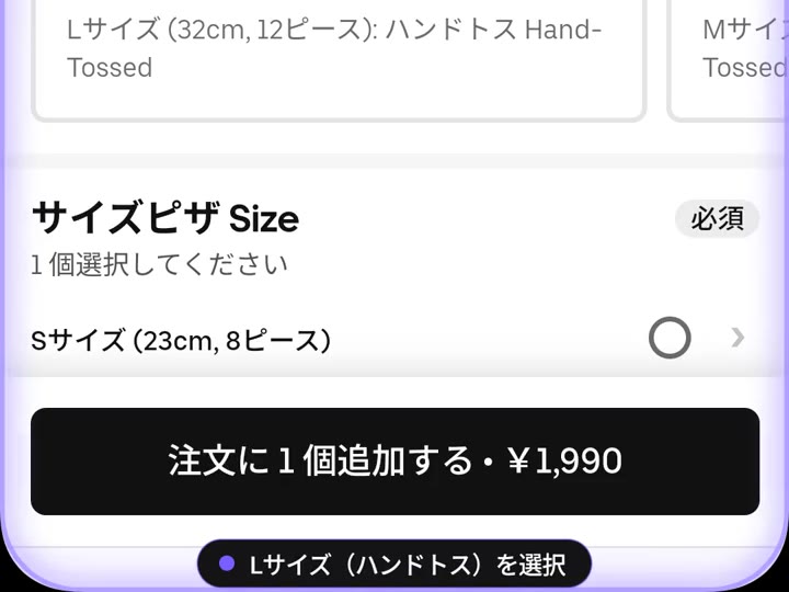 画面下のピルに「Lサイズ（ハンドトス）を選択」