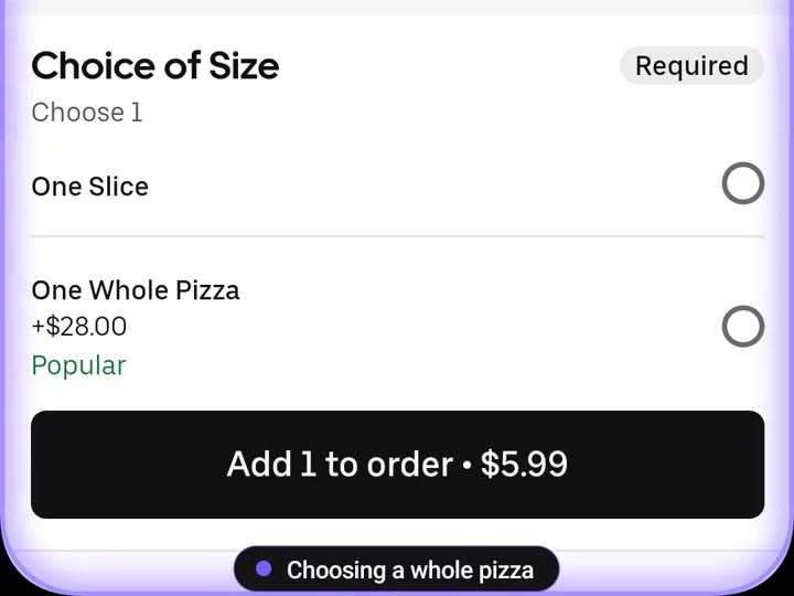 The pill at the bottom reads “Choosing a whole pizza”