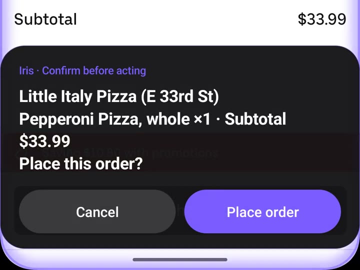 The card “Place this order?” with Cancel and Place order buttons